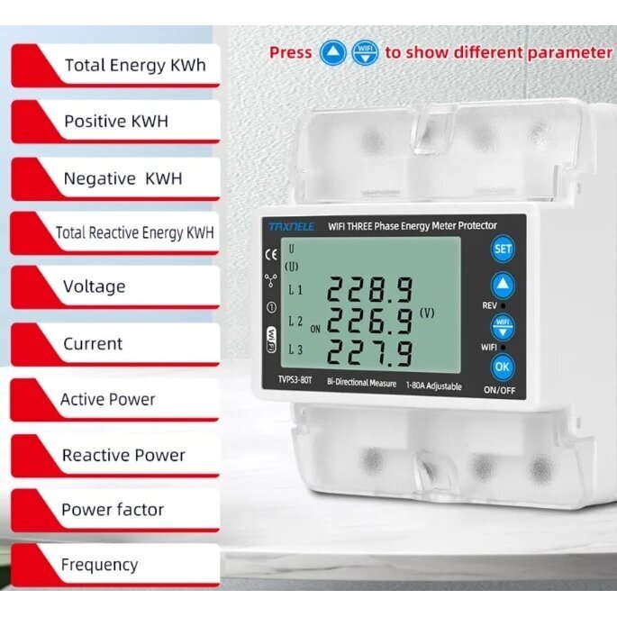 Smart three-phase bidirectional energy meter with voltage, current and phase-sequence protection | 1–80 A | 3×230/400 V | Wi-Fi Tuya | DIN | EL-TVPS3-80T 3 Smart three-phase bidirectional energy meter with voltage, current and phase-sequence protection | 1–80 A | 3×230/400 V | Wi-Fi Tuya | DIN | EL-TVPS3-80T 3