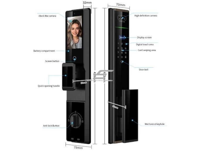 Išmani durų spyna su veido ir delno atpažinimu | pirštų antspaudų | IC kortelių skaitytuvu | 420x79x32mm | juoda | TUYA | Wi-Fi | IP66 1