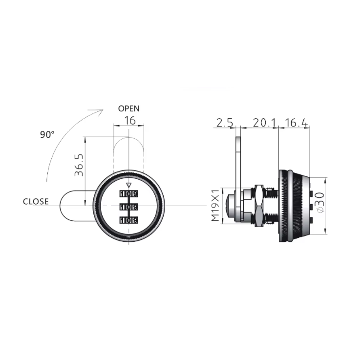 Coded lock | 3-digit | for cabinet | safe | 20mm | silver 2