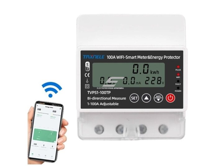 Modulinis | išmanus | skaitmeninis elektros energijos skaitiklis saulės baterijoms | 1F | 1-100A | 230VAC | DIN | Wi-Fi | TUYA