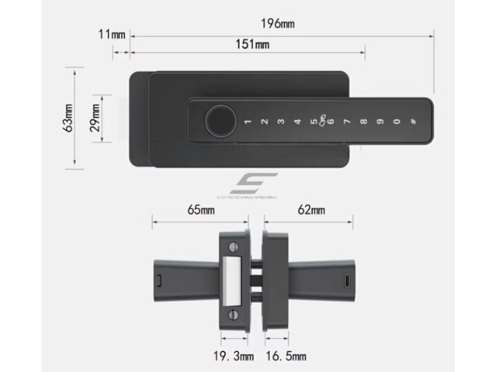 Išmani durų spyna stiklinėms durims su MIFARE kortelių skaitytuvo | piršto antspaudo | PIN kodo | programėlės atrakinimu | 196x63mm | juoda 6