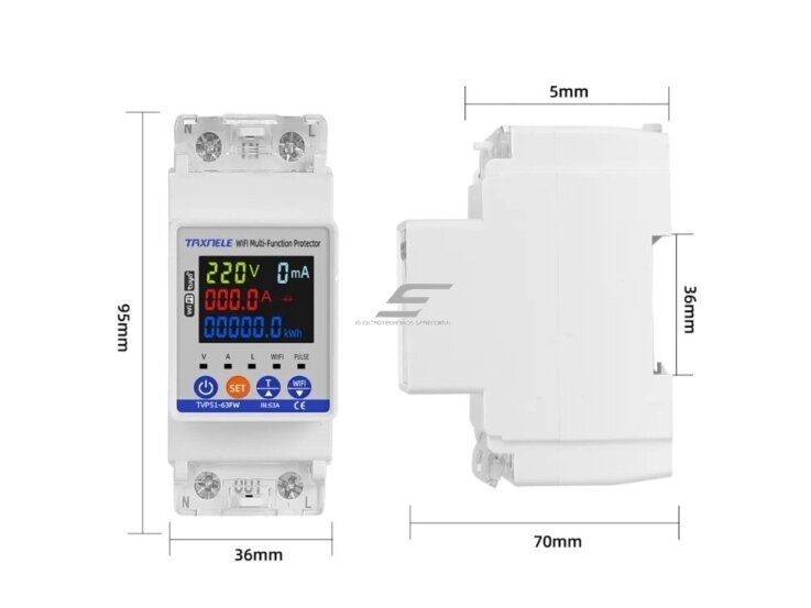 Modulinis | išmanus | skaitmeninis | multifunkcinis elektros energijos skaitiklis | 1F | 0-63A | 0-17kW | 230V | su apsaugos funkcijomis | DIN | Wi-Fi TUYA 2