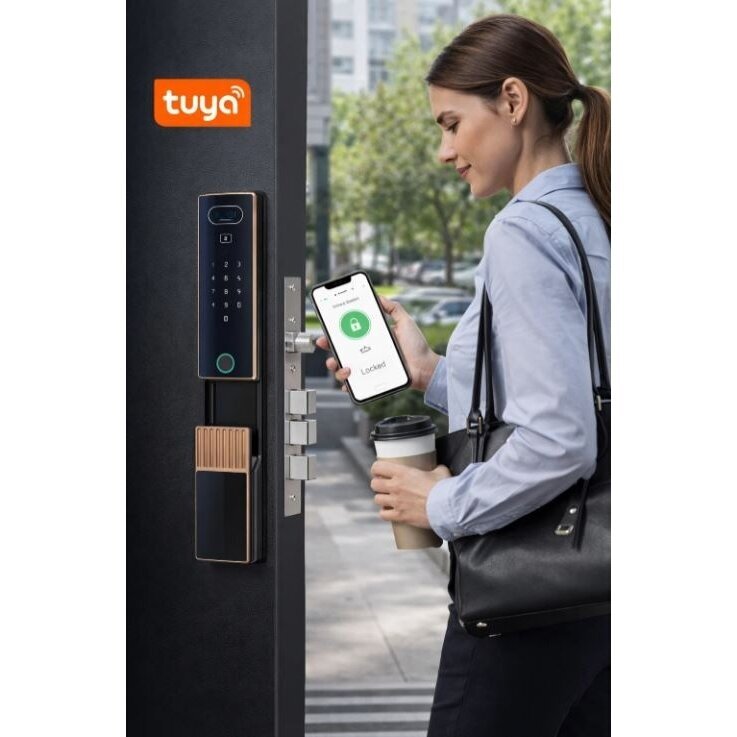 Inteligentny zamek do drzwi z rozpoznawaniem twarzy i dłoni | czytnikiem linii papilarnych | czytnikiem kart IC | 420x74x33mm | złoty | TUYA | Wi-Fi 2 Inteligentny zamek do drzwi z rozpoznawaniem twarzy i dłoni | czytnikiem linii papilarnych | czytnikiem kart IC | 420x74x33mm | złoty | TUYA | Wi-Fi 2