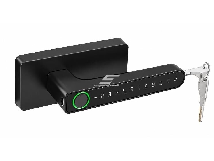Išmani durų spyna stiklinėms durims su MIFARE kortelių skaitytuvo | piršto antspaudo | PIN kodo | programėlės atrakinimu | 196x63mm | juoda Išmani durų spyna stiklinėms durims su MIFARE kortelių skaitytuvo | piršto antspaudo | PIN kodo | programėlės atrakinimu | 196x63mm | juoda