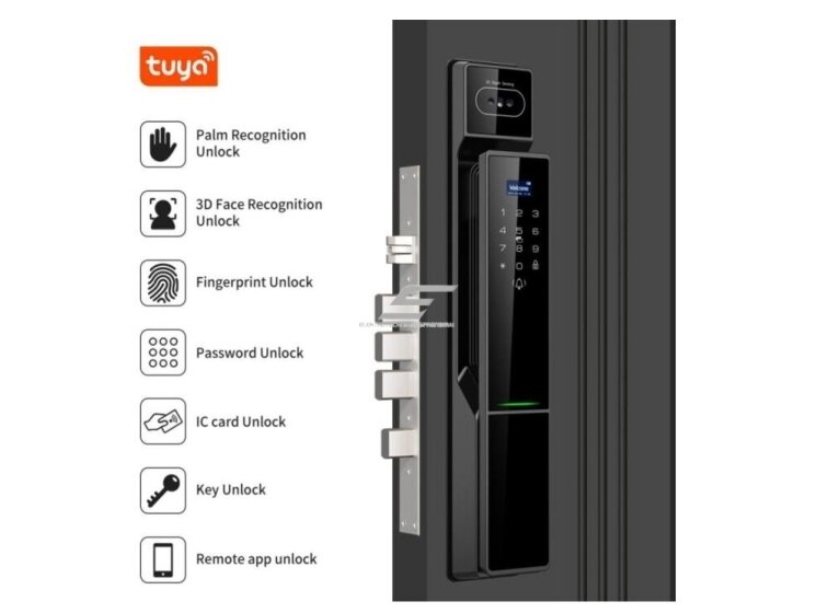 Išmani durų spyna su veido ir delno atpažinimu | pirštų antspaudų | IC kortelių skaitytuvu | 418x74x30mm | juoda | TUYA | Wi-Fi | IP66 3 Išmani durų spyna su veido ir delno atpažinimu | pirštų antspaudų | IC kortelių skaitytuvu | 418x74x30mm | juoda | TUYA | Wi-Fi | IP66 3