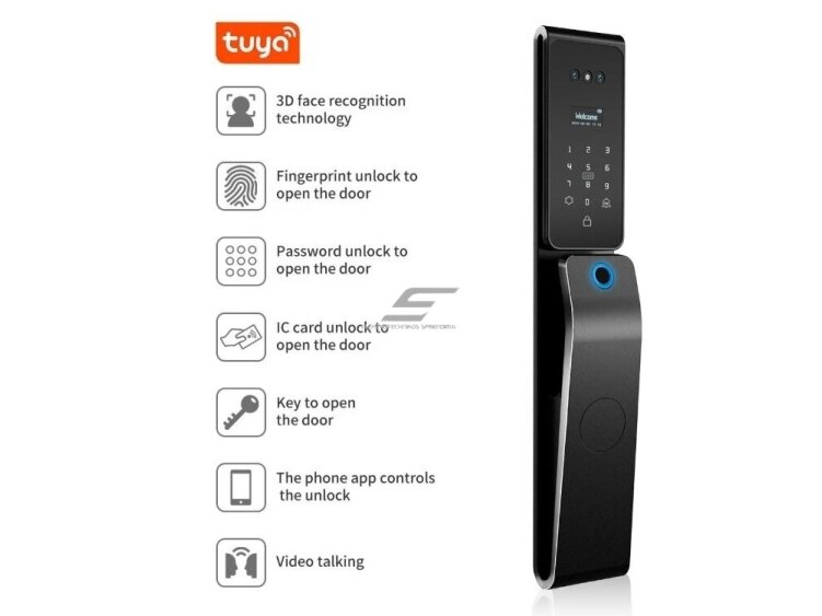 Išmani durų spyna su veido ir delno atpažinimu | pirštų antspaudų | IC kortelių skaitytuvu | 430x74x37mm | juoda | TUYA | Wi-Fi | IP66 3 Išmani durų spyna su veido ir delno atpažinimu | pirštų antspaudų | IC kortelių skaitytuvu | 430x74x37mm | juoda | TUYA | Wi-Fi | IP66 3
