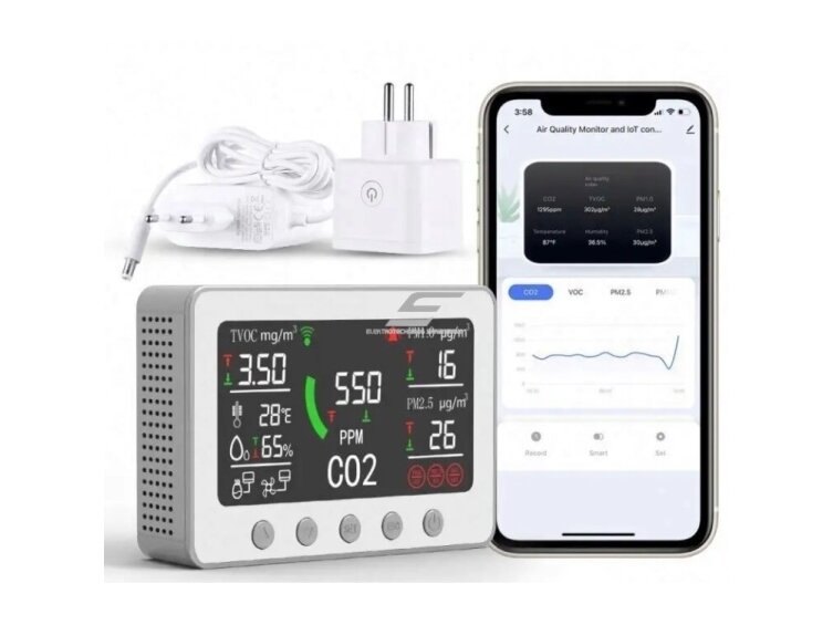 Skaitmeninis | išmanus CO2 | TVOC | temperatūros | drėgmės | oro kokybės matuoklis | jutiklis | 2A | 12VDC | -20...+60°C | 5...95%RH | 400-5000PPM |  | baltas | Wi-Fi | Tuya Smart Life