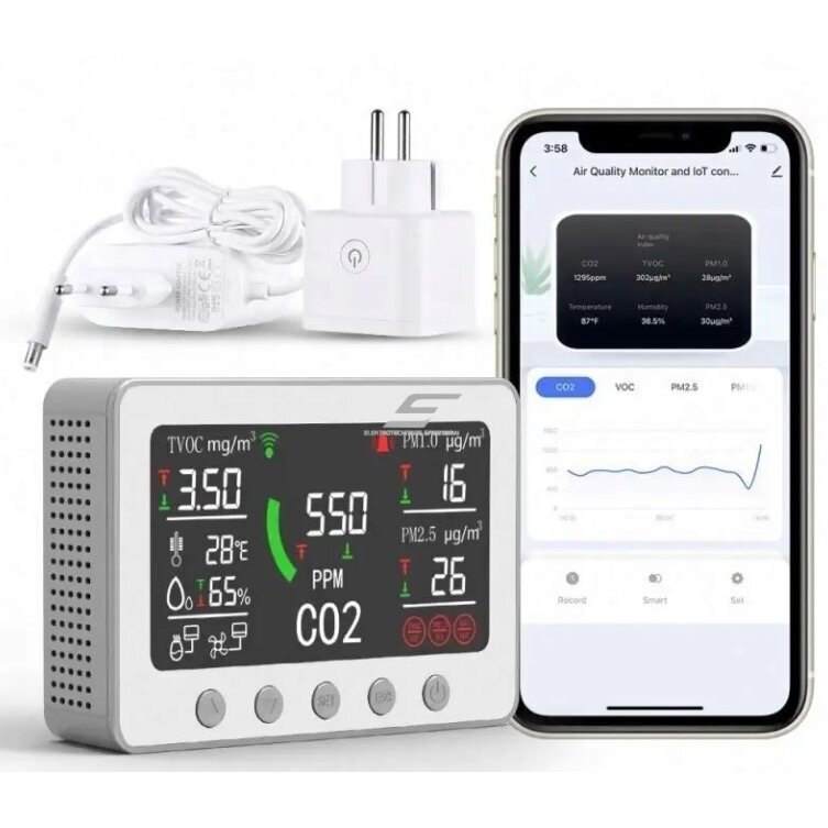 Умный датчик CO2 и качества воздуха | сенсор | 2А | 12VDC | белый | Wi-Fi | Tuya Smart Life Умный датчик CO2 и качества воздуха | сенсор | 2А | 12VDC | белый | Wi-Fi | Tuya Smart Life