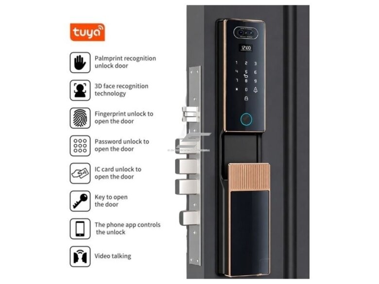 Išmani durų spyna su veido ir delno atpažinimu | pirštų antspaudų | IC kortelių skaitytuvu | 420x74x33mm | auksinė | TUYA | Wi-Fi 3 Išmani durų spyna su veido ir delno atpažinimu | pirštų antspaudų | IC kortelių skaitytuvu | 420x74x33mm | auksinė | TUYA | Wi-Fi 3