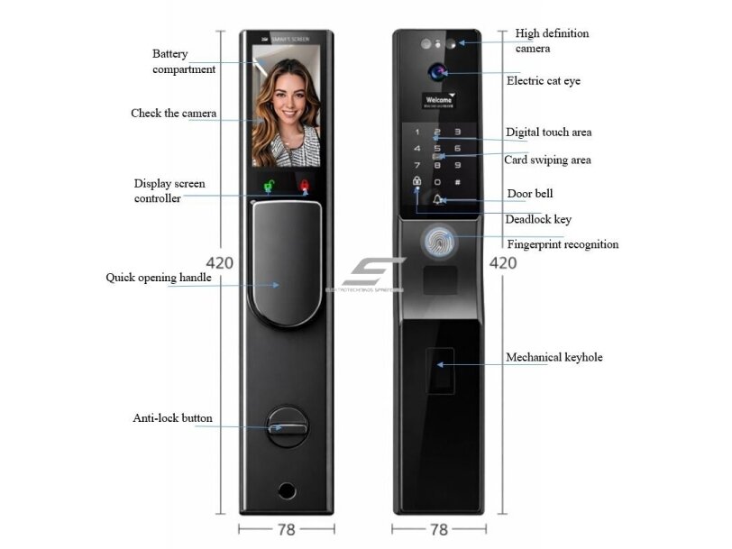 Išmani durų spyna su veido ir delno atpažinimu | pirštų antspaudų | IC kortelių skaitytuvu | 420x78mm | juoda | TUYA | Wi-Fi 1 Išmani durų spyna su veido ir delno atpažinimu | pirštų antspaudų | IC kortelių skaitytuvu | 420x78mm | juoda | TUYA | Wi-Fi 1