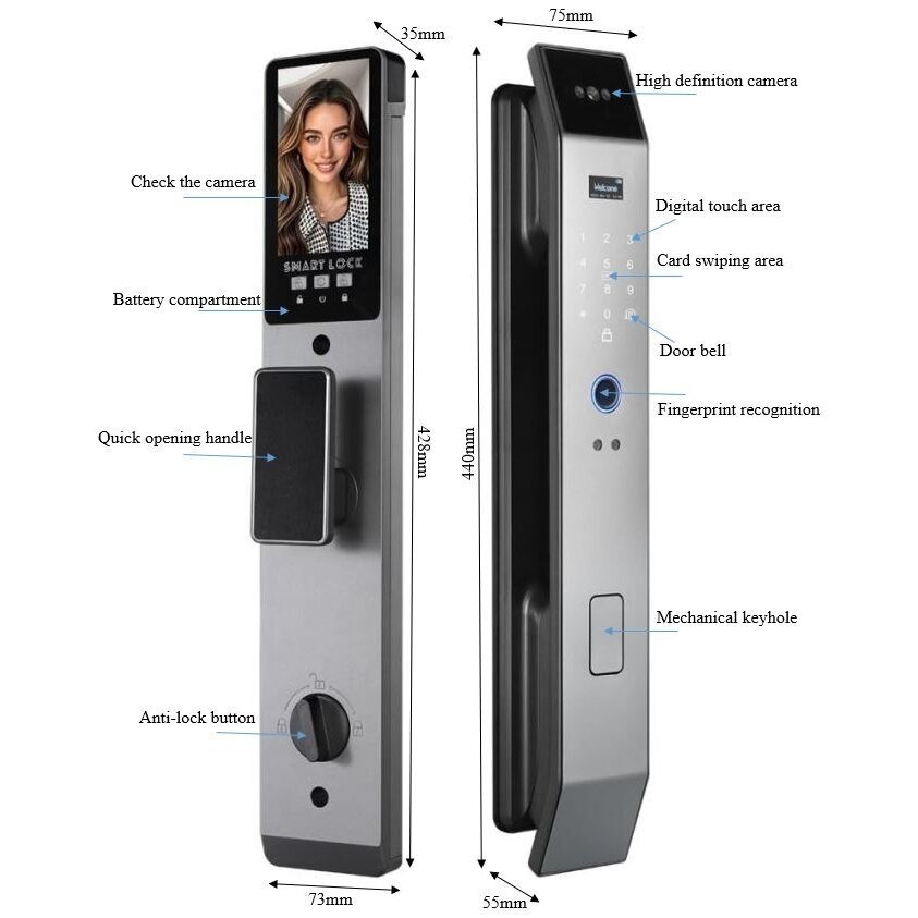 Smart door lock 6-in-1 | 3D face recognition | fingerprint | IC card | PIN | camera and intercom | Wi-Fi Tuya | 6068/7068 | 428×73×35 mm | silver | ES-XF14S 1 Smart door lock 6-in-1 | 3D face recognition | fingerprint | IC card | PIN | camera and intercom | Wi-Fi Tuya | 6068/7068 | 428×73×35 mm | silver | ES-XF14S 1