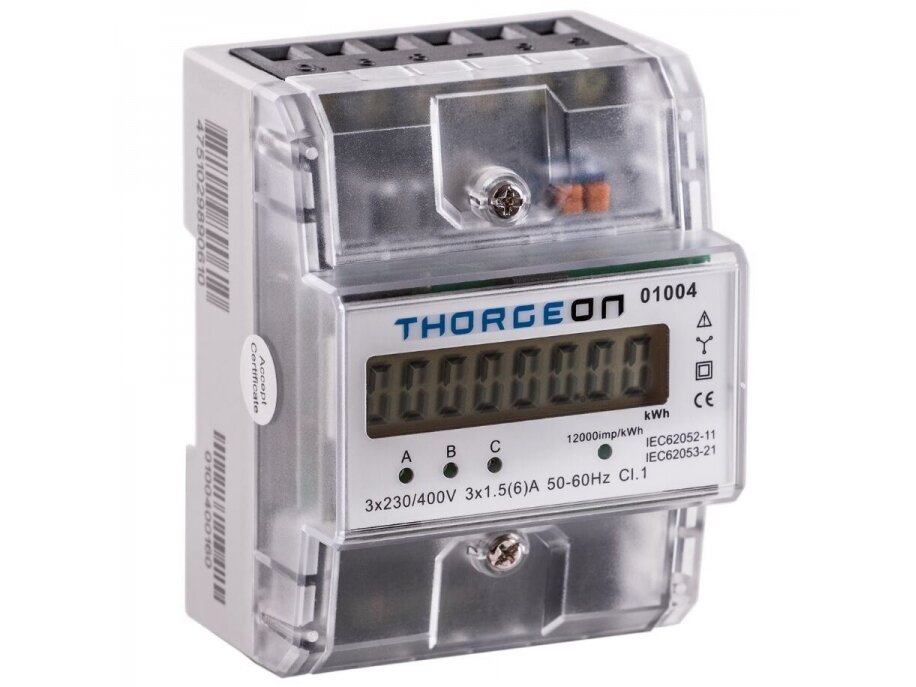 Modulinis trifazis elektros energijos skaitiklis | per srovės transformatorius …/5 A | 1,5(6) A | 3×230/400 V | 1 tarifas | impulsinis išėjimas | IP20 | DIN | THORGEON 01004 1 Modulinis trifazis elektros energijos skaitiklis | per srovės transformatorius …/5 A | 1,5(6) A | 3×230/400 V | 1 tarifas | impulsinis išėjimas | IP20 | DIN | THORGEON 01004 1