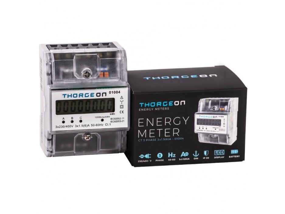 Modulinis trifazis elektros energijos skaitiklis | per srovės transformatorius …/5 A | 1,5(6) A | 3×230/400 V | 1 tarifas | impulsinis išėjimas | IP20 | DIN | THORGEON 01004