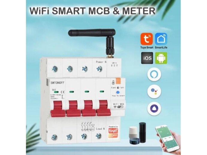 Modulinis | išmanus automatinis jungiklis | elektros energijos skaitiklis | 4P | 63A | 230/400V | DIN | RS485 | Wi-Fi | TUYA