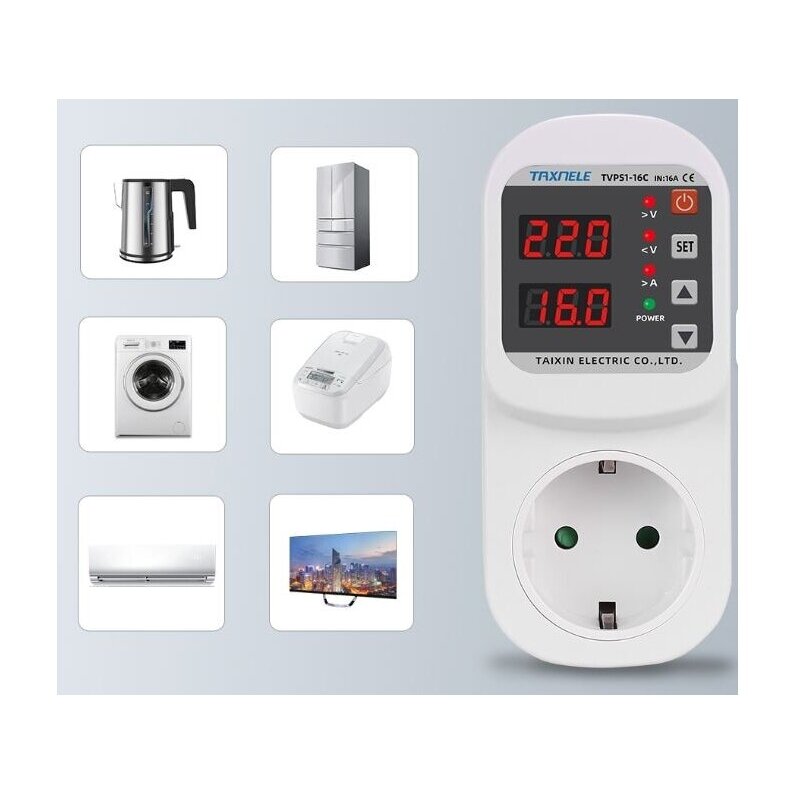 Digitālais sprieguma | strāvas kontroles relejs ar Schuko kontaktligzdu | 1-16A | 90-300VAC 3