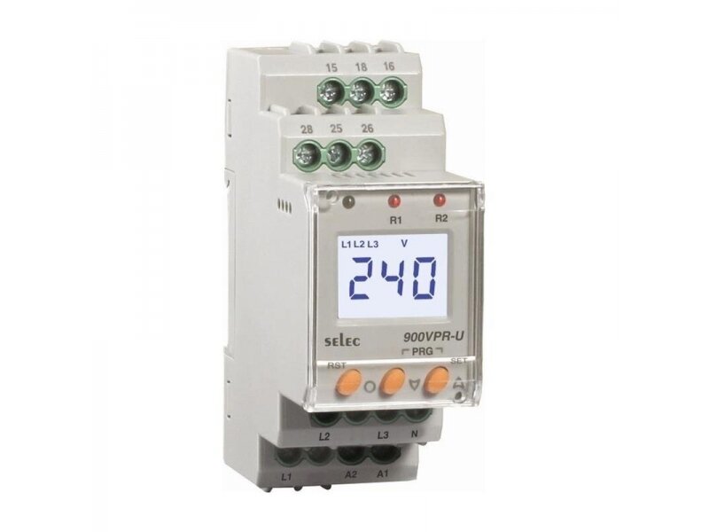Modulinė | skaitmeninė įtampos kontrolės relė | 3F | 85-270VAC/DC | 2NO/NC | DIN | Selec | 900VPR-BL-U-CE