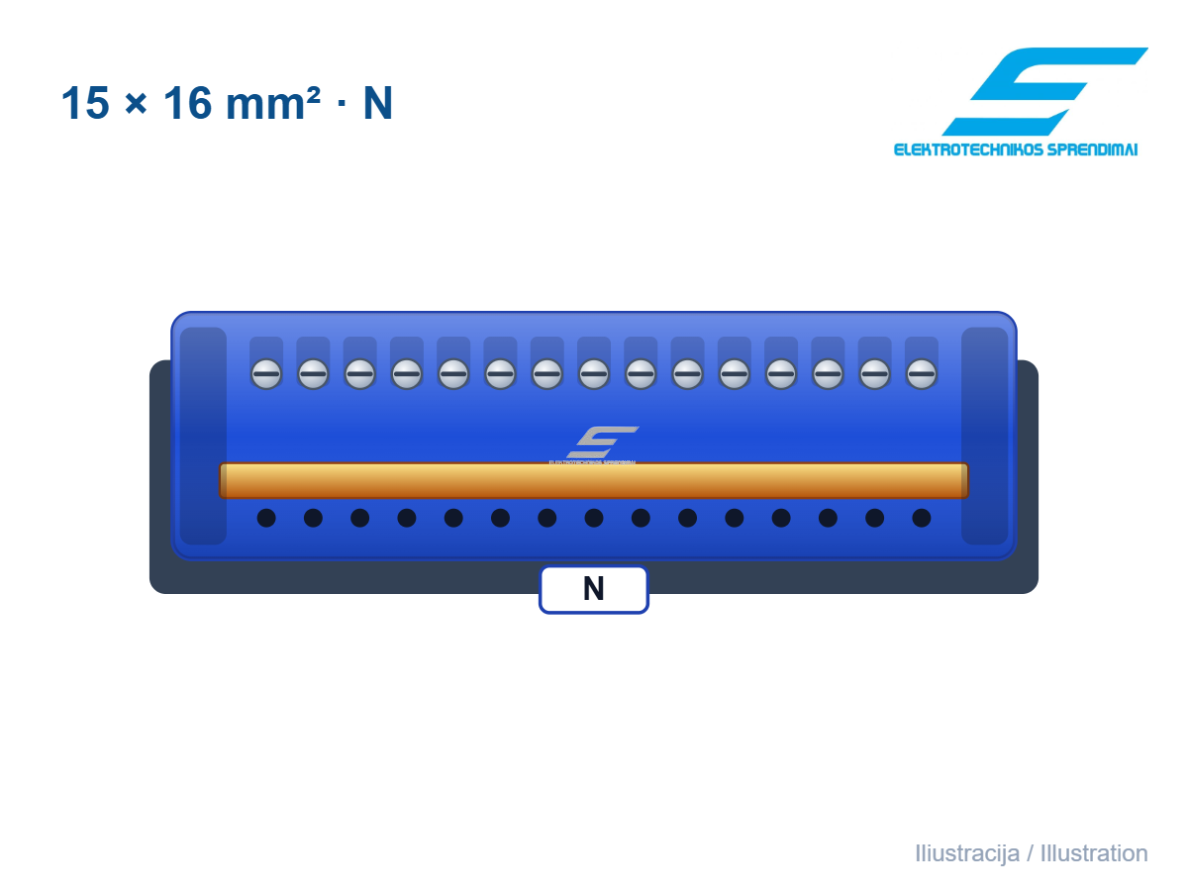 Izoliuotas gnybtas (šyna) | 15×16 mm² | 15 jungčių | mėlynas (N) | Promfactor Baltic | F815B