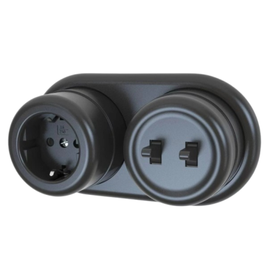 Switch / changeover switch | 2-gang | 10A | 230V | surface-mounted | plastic | retro style | black 1 Switch / changeover switch | 2-gang | 10A | 230V | surface-mounted | plastic | retro style | black 1