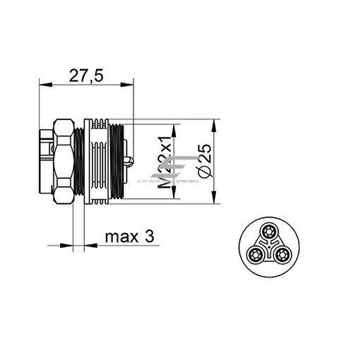 Connector | socket for cables WP3/EH | 0.5–2.5mm² | 2P+PE | sealed IP68 1 Connector | socket for cables WP3/EH | 0.5–2.5mm² | 2P+PE | sealed IP68 1