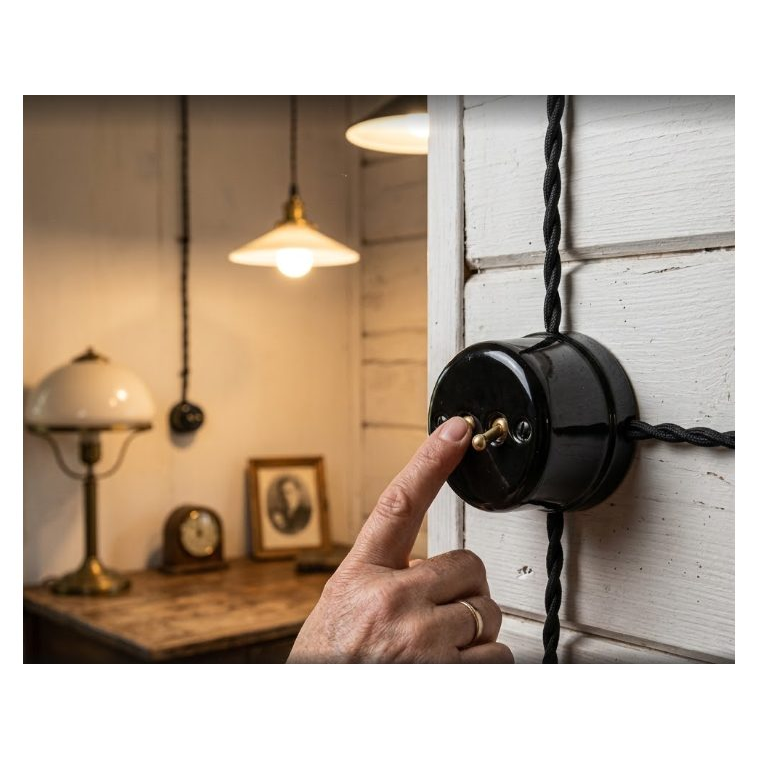 2 taustiņu slēdzis 10AX | 230V | IP20 | keramikas | virsapmetuma | retro stilā | melns 1 2 taustiņu slēdzis 10AX | 230V | IP20 | keramikas | virsapmetuma | retro stilā | melns 1