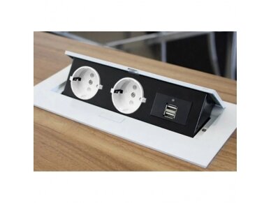 Kištukinių lizdų blokas | montuojamas į baldus | užsidarantis | 2xSchuko | USB-A | 265x130x63mm | 1,5m kabelis | baltas | AE-PBU02GS-10 | 5901867157072 1