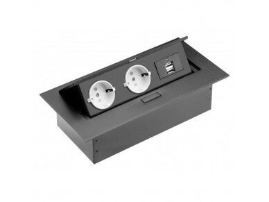 Kištukinių lizdų blokas | montuojamas į baldus | užsidarantis | 2xSchuko | USB-A | 265x130x63mm | 1,5m kabelis | juodas | AE-PBU02GS-20 | 5901867157065