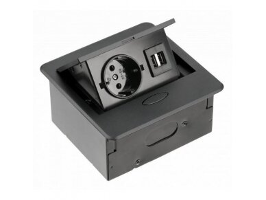 Kištukinių lizdų blokas | montuojamas į baldus | užsidarantis | 1xSchuko | 2xUSB-A | 135x135x109mm | 1,5m kabelis | juodas | AE-PB1SAVA-20 | 5902801349706