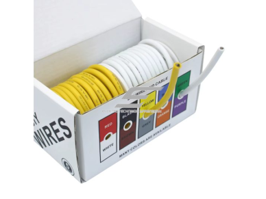 Karščiui ir šalčiui atsparus silikoninis elektros kabelis | 14AWG (~3.5 mm²) | 20 m | alavuotas varis | IP65 | -60…+200°C | geltona + balta