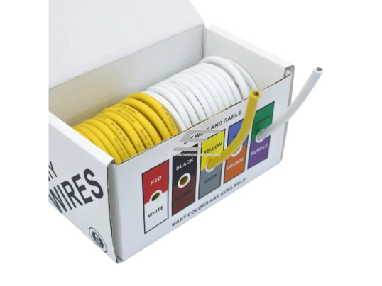 Karščiui ir šalčiui atsparus silikoninis elektros kabelis | 14AWG (~3.5 mm²) | 20 m | alavuotas varis | IP65 | -60…+200°C | geltona + balta