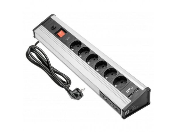 Kištukinių lizdų blokas | montuojamas ant paviršiaus | kampinis | 6xSchuko | 6xUSB-A | su viršįtampių apsauga | sidabrinis | AE-PBMUL6S6U-53 | 5901867196347