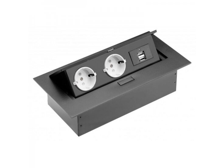 Kištukinių lizdų blokas | montuojamas į baldus | užsidarantis | 2xSchuko | USB-A | 265x130x63mm | 1,5m kabelis | juodas | AE-PBU02GS-20 | 5901867157065