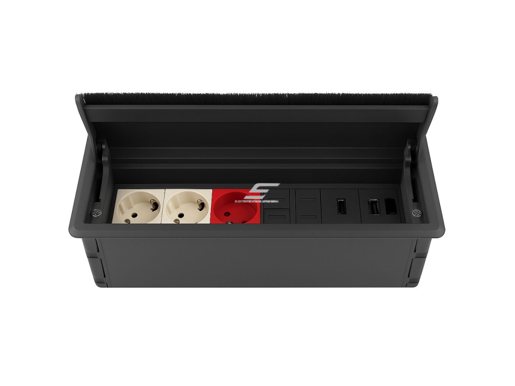 Modulinis kištukinių lizdų | jungčių blokas | dėžutė | montuojamas į baldus | užsidarantis | 12 mod. | 323x112x100mm | juodas | ESP01-12-02 Modulinis kištukinių lizdų | jungčių blokas | dėžutė | montuojamas į baldus | užsidarantis | 12 mod. | 323x112x100mm | juodas | ESP01-12-02
