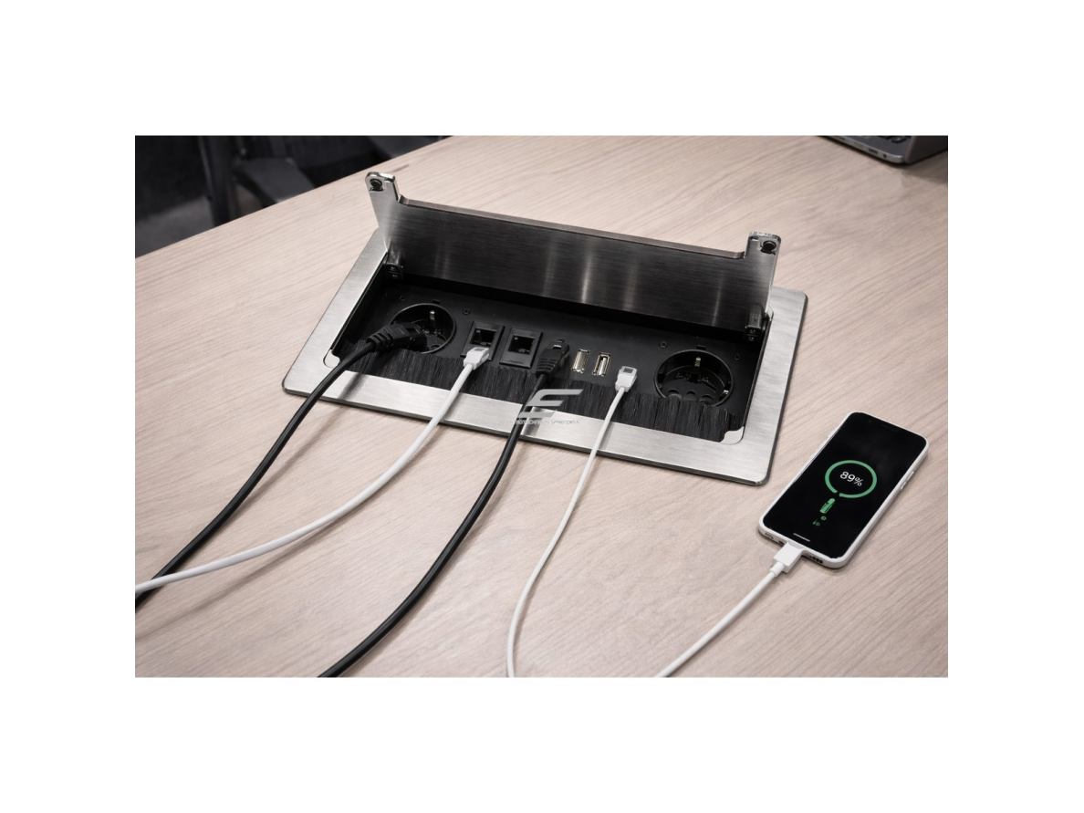 Įleidžiamas stalviršio elektros lizdų blokas | su dangteliu | USB + 2 lizdai | IP20 | aliuminio korpusas | 266x130x77mm | sidabrinis 4
