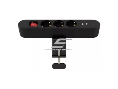 Kištukinis lizdas | tvirtinamas prie stalo paviršiaus | su jungikliu | 3xSchuko jungtys | 2xUSB įkrovikliai | juoda | IP20 Kištukinis lizdas | tvirtinamas prie stalo paviršiaus | su jungikliu | 3xSchuko jungtys | 2xUSB įkrovikliai | juoda | IP20