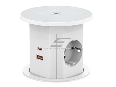 Kištukinių lizdų blokas | montuojamas į baldus | apvalus | 2xSchuko | 2xUSB-A | 2xUSB-C | 1xBelaidė įkrovimo stotelė | Ø85mm | baltas Kištukinių lizdų blokas | montuojamas į baldus | apvalus | 2xSchuko | 2xUSB-A | 2xUSB-C | 1xBelaidė įkrovimo stotelė | Ø85mm | baltas