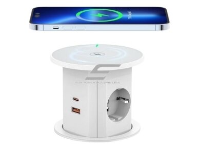 Kištukinių lizdų blokas | montuojamas į baldus | apvalus | 2xSchuko | 2xUSB-A | 2xUSB-C | 1xBelaidė įkrovimo stotelė | Ø85mm | baltas Kištukinių lizdų blokas | montuojamas į baldus | apvalus | 2xSchuko | 2xUSB-A | 2xUSB-C | 1xBelaidė įkrovimo stotelė | Ø85mm | baltas