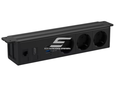 Kištukinių lizdų blokas | montuojamas po stalu | 3xSchuko | 1xUSB-C | 1xUSB-A | 1xHDMI | 1xRJ45 | 272x53mm | juodas Kištukinių lizdų blokas | montuojamas po stalu | 3xSchuko | 1xUSB-C | 1xUSB-A | 1xHDMI | 1xRJ45 | 272x53mm | juodas