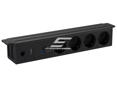 Kištukinių lizdų blokas | montuojamas po stalu | 4xSchuko | 1xUSB-C | 1xUSB-A | 1xHDMI | 1xRJ45 | 317x53mm | juodas Kištukinių lizdų blokas | montuojamas po stalu | 4xSchuko | 1xUSB-C | 1xUSB-A | 1xHDMI | 1xRJ45 | 317x53mm | juodas
