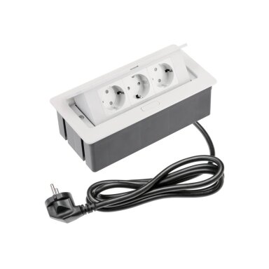 Kontaktligzdu bloks | montējams mēbelēs | aizverams | 3x Schuko | 250x130x73mm | 1,5m kabelis | balts | IP20 | GTV | AE-PBSC3GS-10N | 5902801433733