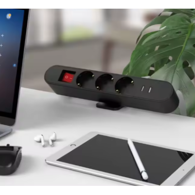 Galda virsmā montējama rozetes bloks | ar slēdzi | 3x Schuko rozetes | 2x USB lādētāji | melns | IP20 Galda virsmā montējama rozetes bloks | ar slēdzi | 3x Schuko rozetes | 2x USB lādētāji | melns | IP20