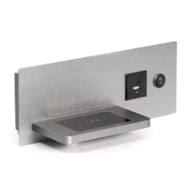 Bezvadu mobilā tālruņa uzlādes stacija | 1xUSB-A | 1xUSB-C | ar slēdzi | sudraba Bezvadu mobilā tālruņa uzlādes stacija | 1xUSB-A | 1xUSB-C | ar slēdzi | sudraba