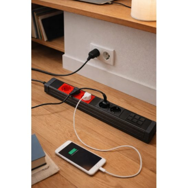 Socket outlet block | 5 sockets | 16A | 250VAC | 483x44.8x45 mm | 19" 1U | black | aluminum housing Socket outlet block | 5 sockets | 16A | 250VAC | 483x44.8x45 mm | 19" 1U | black | aluminum housing