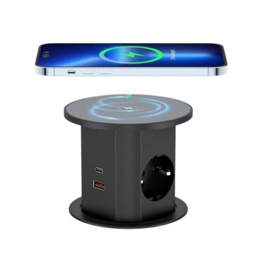 Встраиваемый в мебель блок розеток | Круглый | 2xSchuko | 2xUSB-A | 2xUSB-C | 1xБеспроводная зарядная станция | Ø85мм | Чёрный Встраиваемый в мебель блок розеток | Круглый | 2xSchuko | 2xUSB-A | 2xUSB-C | 1xБеспроводная зарядная станция | Ø85мм | Чёрный