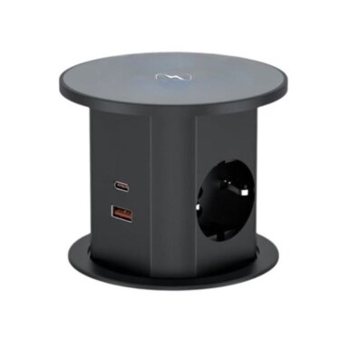 Встраиваемый в мебель блок розеток | Круглый | 2xSchuko | 2xUSB-A | 2xUSB-C | 1xБеспроводная зарядная станция | Ø85мм | Чёрный Встраиваемый в мебель блок розеток | Круглый | 2xSchuko | 2xUSB-A | 2xUSB-C | 1xБеспроводная зарядная станция | Ø85мм | Чёрный
