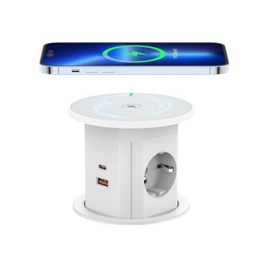 Встраиваемый в мебель блок розеток | Круглый | 2xSchuko | 2xUSB-A | 2xUSB-C | 1xБеспроводная зарядная станция | Ø85мм | Белый Встраиваемый в мебель блок розеток | Круглый | 2xSchuko | 2xUSB-A | 2xUSB-C | 1xБеспроводная зарядная станция | Ø85мм | Белый