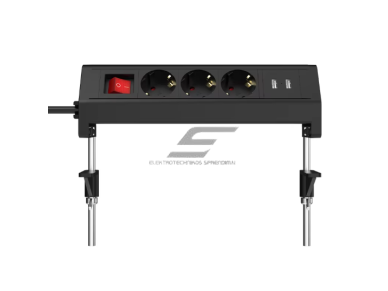 Kištukinių lizdų blokas | tvirtinamas prie stalo | su spaustuvu | 3 lizdai + 2x USB | 230V | 13A | IP44 | 1.8m | juoda Kištukinių lizdų blokas | tvirtinamas prie stalo | su spaustuvu | 3 lizdai + 2x USB | 230V | 13A | IP44 | 1.8m | juoda