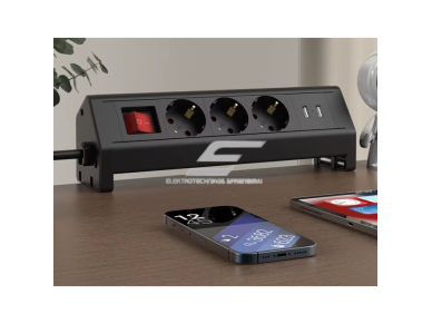 Kištukinių lizdų blokas | tvirtinamas prie stalo | su spaustuvu | 3 lizdai + 2x USB | 230V | 13A | IP44 | 1.8m | juoda 2