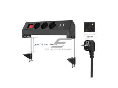 Kištukinių lizdų blokas | tvirtinamas prie stalo | su spaustuvu | 3 lizdai + 2x USB | 230V | 13A | IP44 | 1.8m | juoda 1