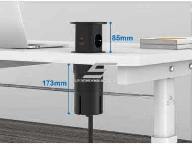 Kištukinių lizdų blokas | montuojamas į baldus | apvalus | 2xSchuko | 2xUSB-A | 2xUSB-C | 1xBelaidė įkrovimo stotelė | Ø85mm | juodas 2