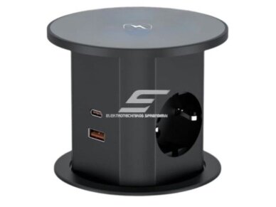 Kištukinių lizdų blokas | montuojamas į baldus | apvalus | 2xSchuko | 2xUSB-A | 2xUSB-C | 1xBelaidė įkrovimo stotelė | Ø85mm | juodas
